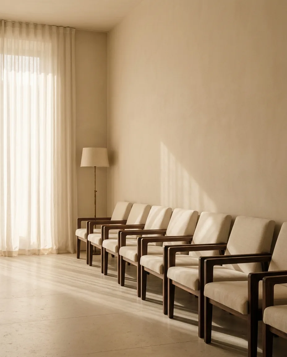 Salón preparado y todavía vacío, con sillas alineadas y una cortina de lino atravesada por la luz
