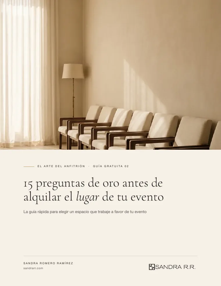 Portada de la guía «15 preguntas de oro antes de alquilar el lugar de tu evento»