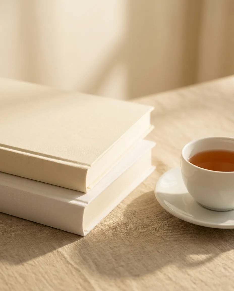 Dos libros de tapa lisa apilados sobre un mantel de lino, junto a una taza de porcelana