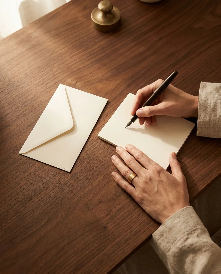 Manos escribiendo a mano una tarjeta sobre un escritorio de nogal, junto a un sobre de papel de algodón