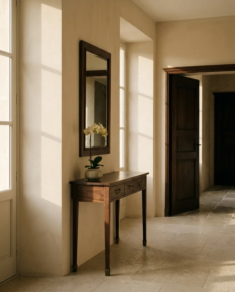 Recibidor con consola de madera, espejo y una orquídea discreta, con luz cálida de ventana